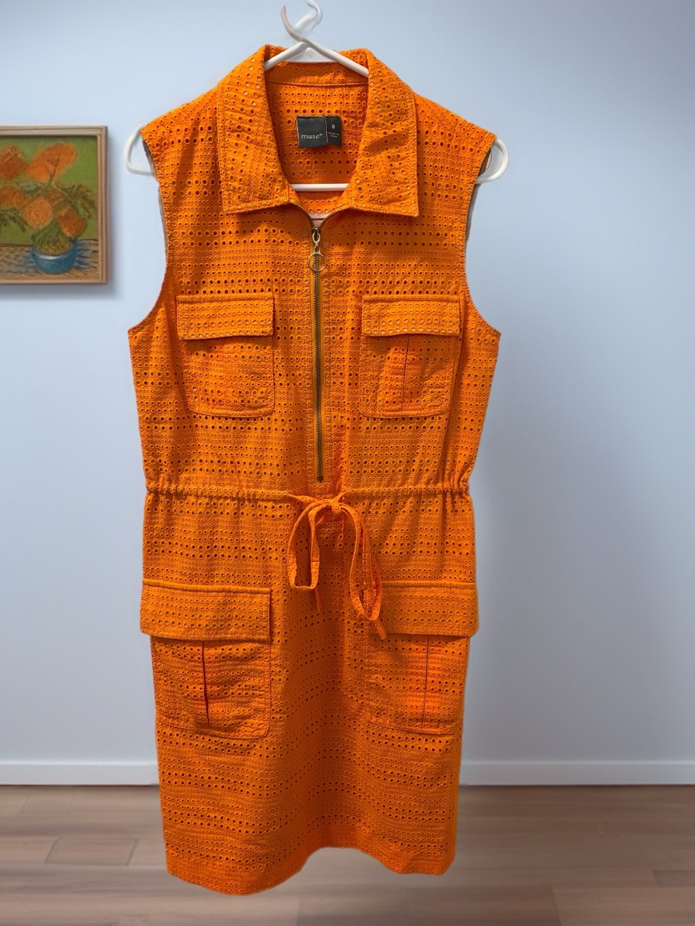 Muse Orange Eyelet Sleeveless Zip-Front Drawstring Dress